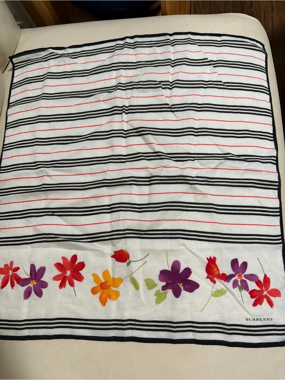 Burberry White Scarf with Black Stripes and Multicolor Floral Border